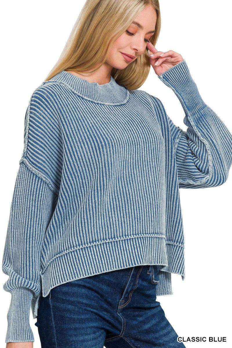 Washed Side Slit Oversized Cropped Sweater in Classic Blue | Yeah Gurl Boutique
