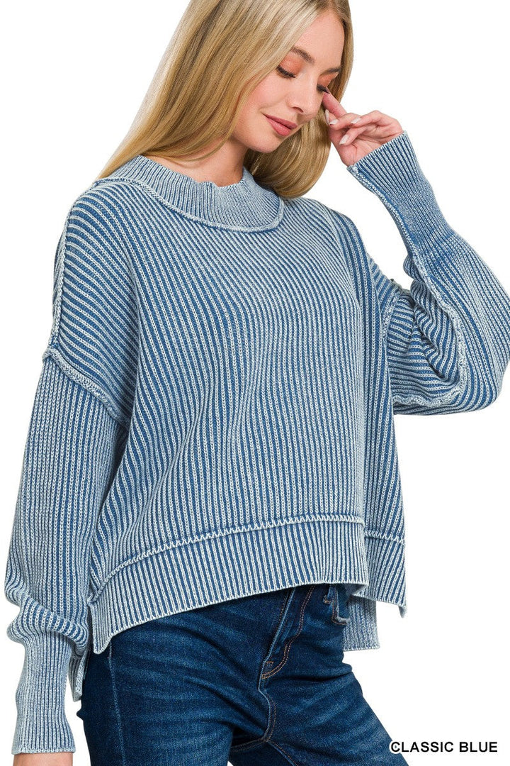 Washed Side Slit Oversized Cropped Sweater in Classic Blue | Yeah Gurl Boutique