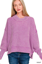 Washed Side Slit Oversized Cropped Sweater in Violet | Yeah Gurl Boutique