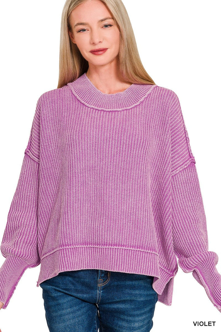 Washed Side Slit Oversized Cropped Sweater in Violet | Yeah Gurl Boutique