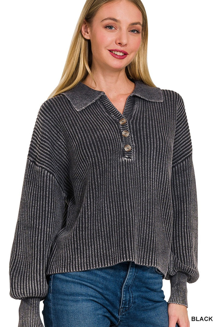 Washed Collared Henley Sweater