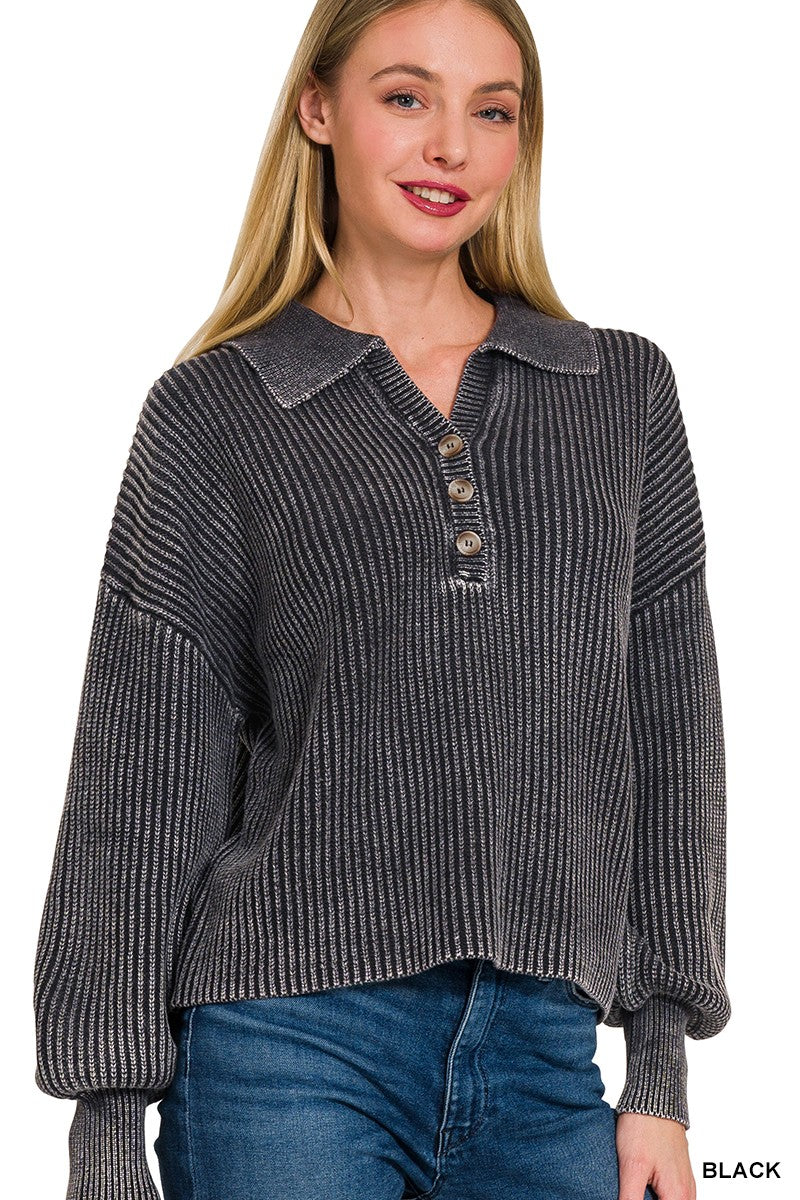 Washed Collared Henley Sweater