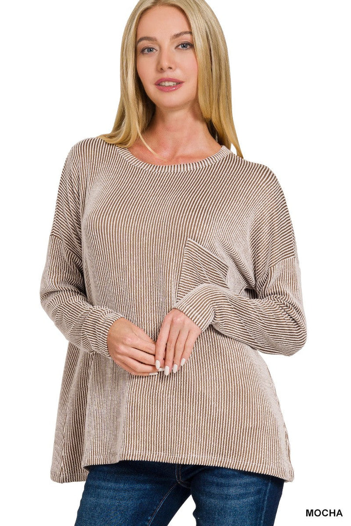 Ribbed Striped Oversized Long Sleeve Top in Mocha | Yeah Gurl Boutique