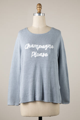 Cursive Champagne Please Sweater Top | Blue Grey