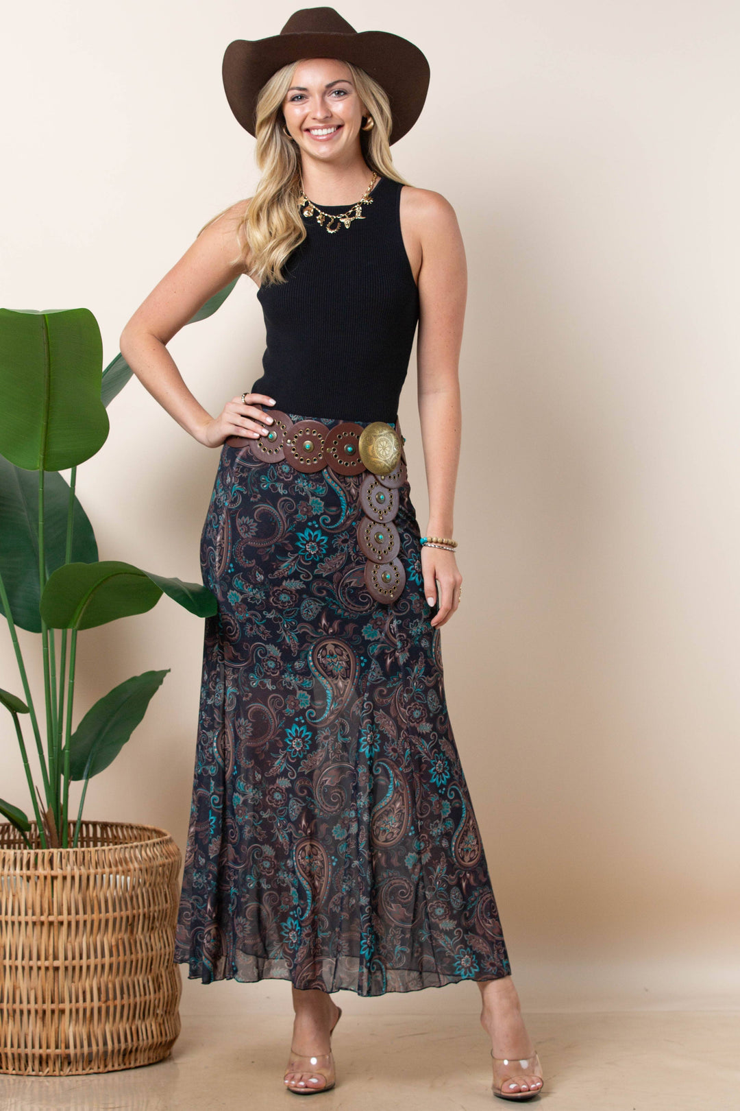 Madison Paisley Print Mesh Skirt