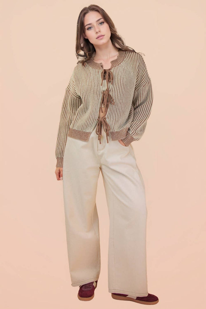 Front Tie Two Tone Knit Cardigan | Mocha