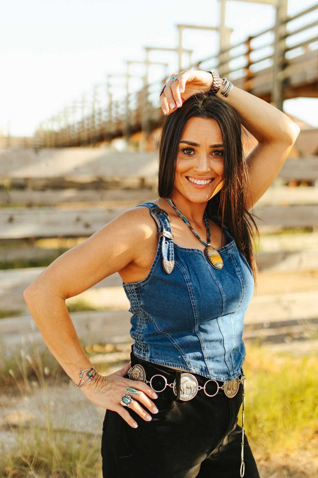 Corset Top with Buckle Strap | Dark Wash