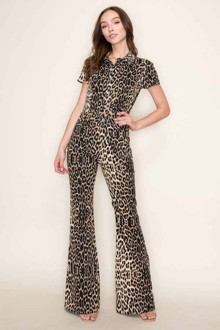 Leopard Flare Leg Denim Jumpsuit