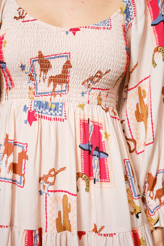 Western Motif Smocked Mini Dress