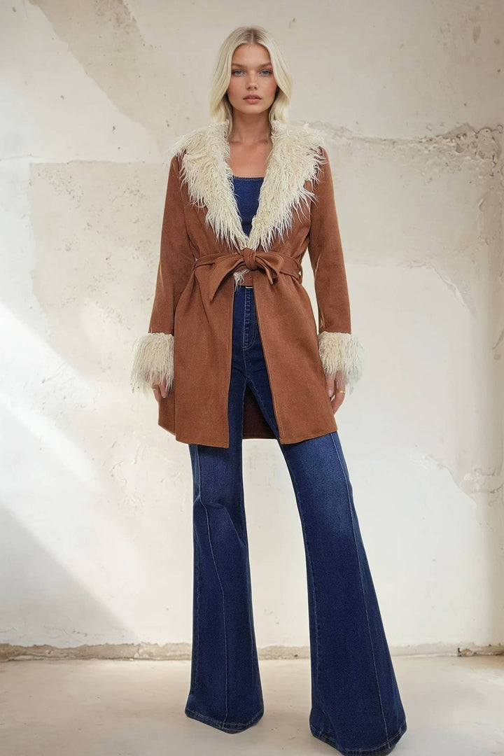 Penny Lane Faux Suede Fur Trim Coat