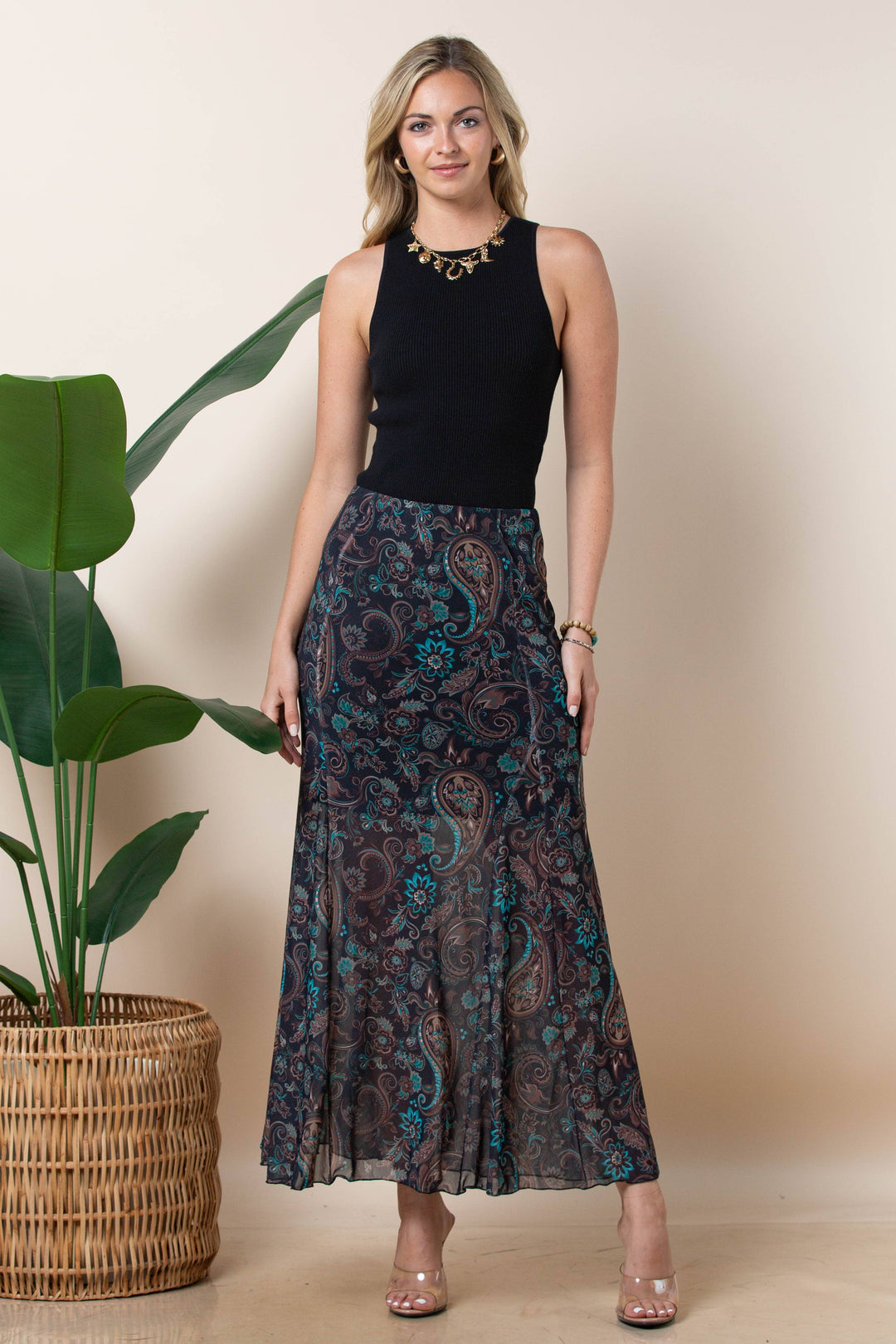 Madison Paisley Print Mesh Skirt