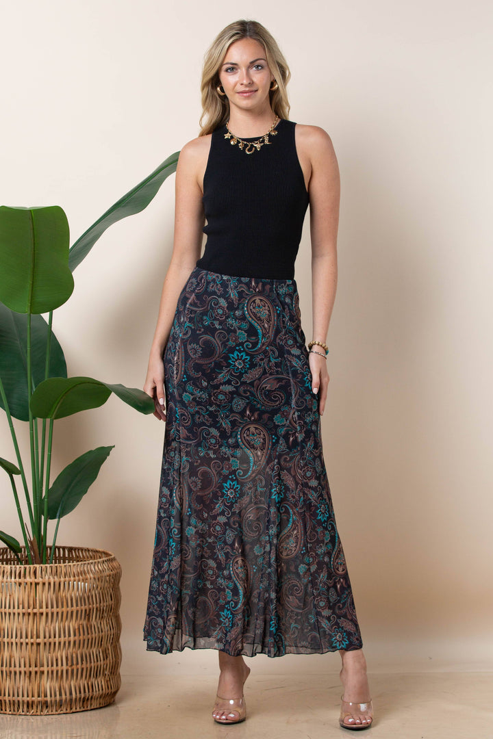 Madison Paisley Print Mesh Skirt