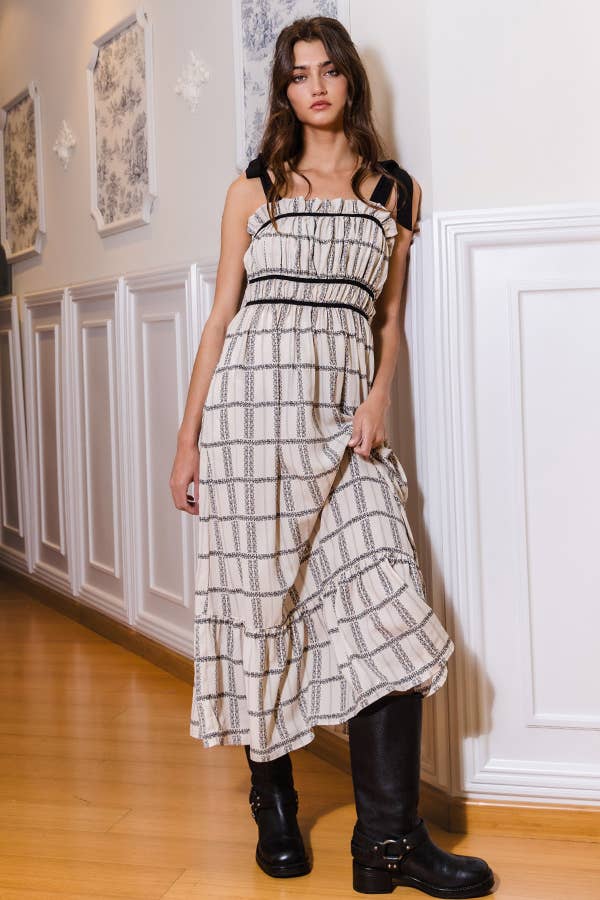 D4199  Self Tie Shoulder Plaid Print Midi Dress