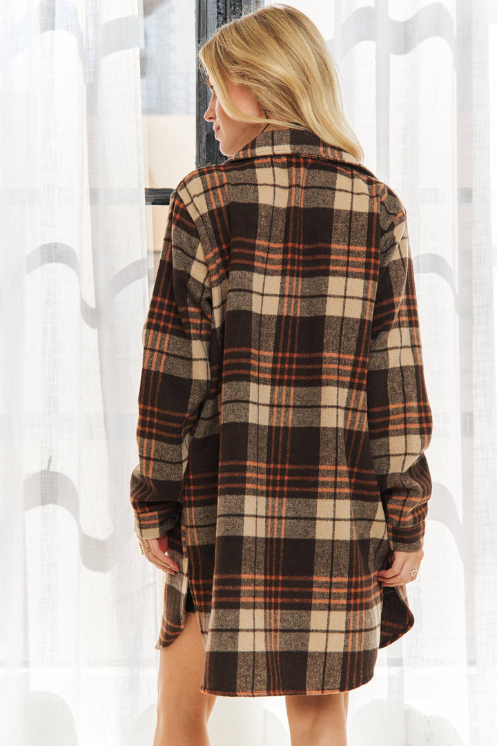 Button Down Flannel Shacket | Apricot & Brown