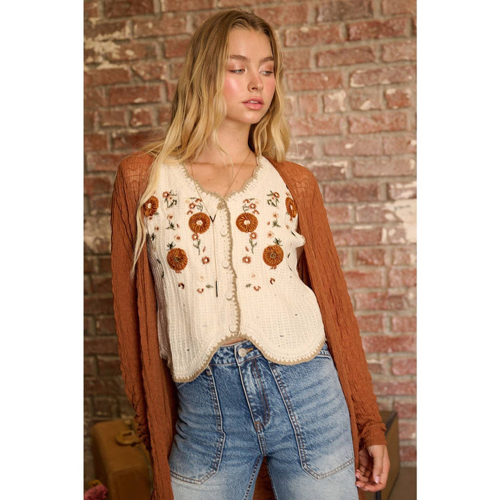 Floral Embroidered Crochet Vest