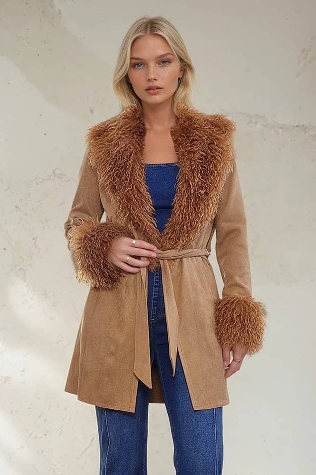Penny Lane Faux Suede Fur Trim Coat