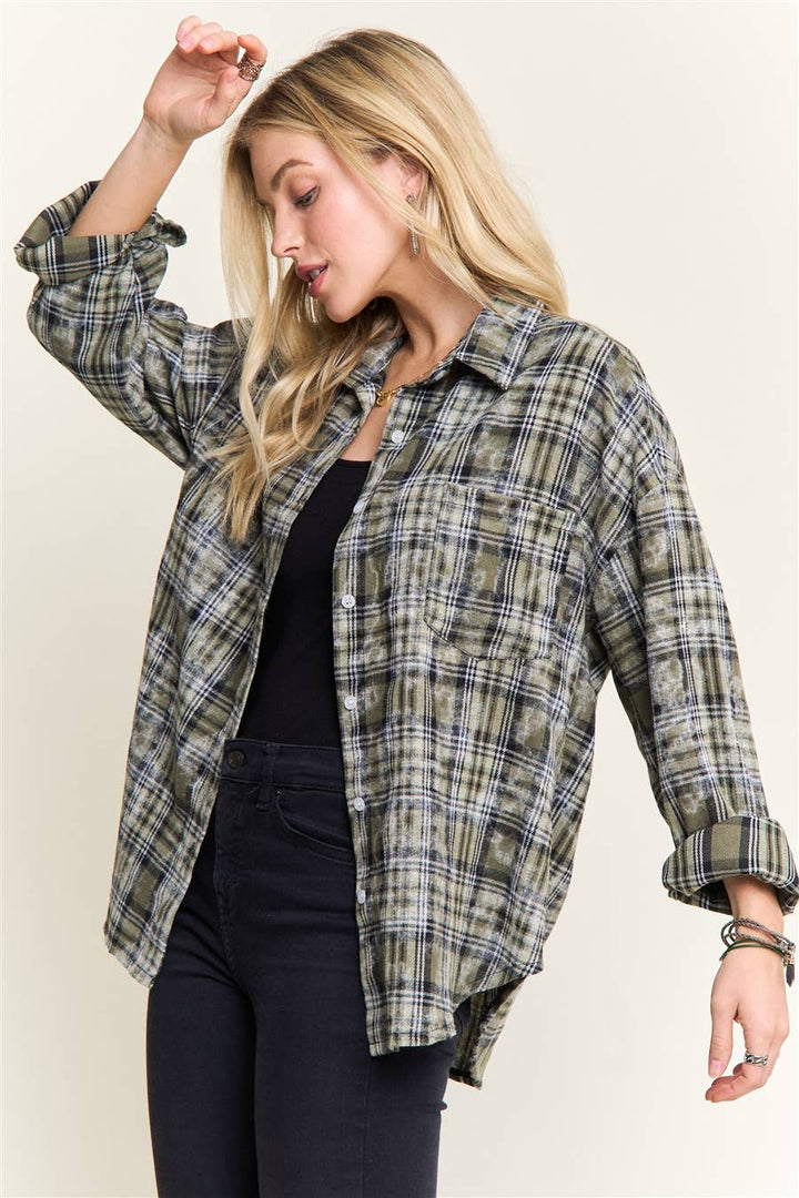 Burnout Plaid Washed Shirt |Olive