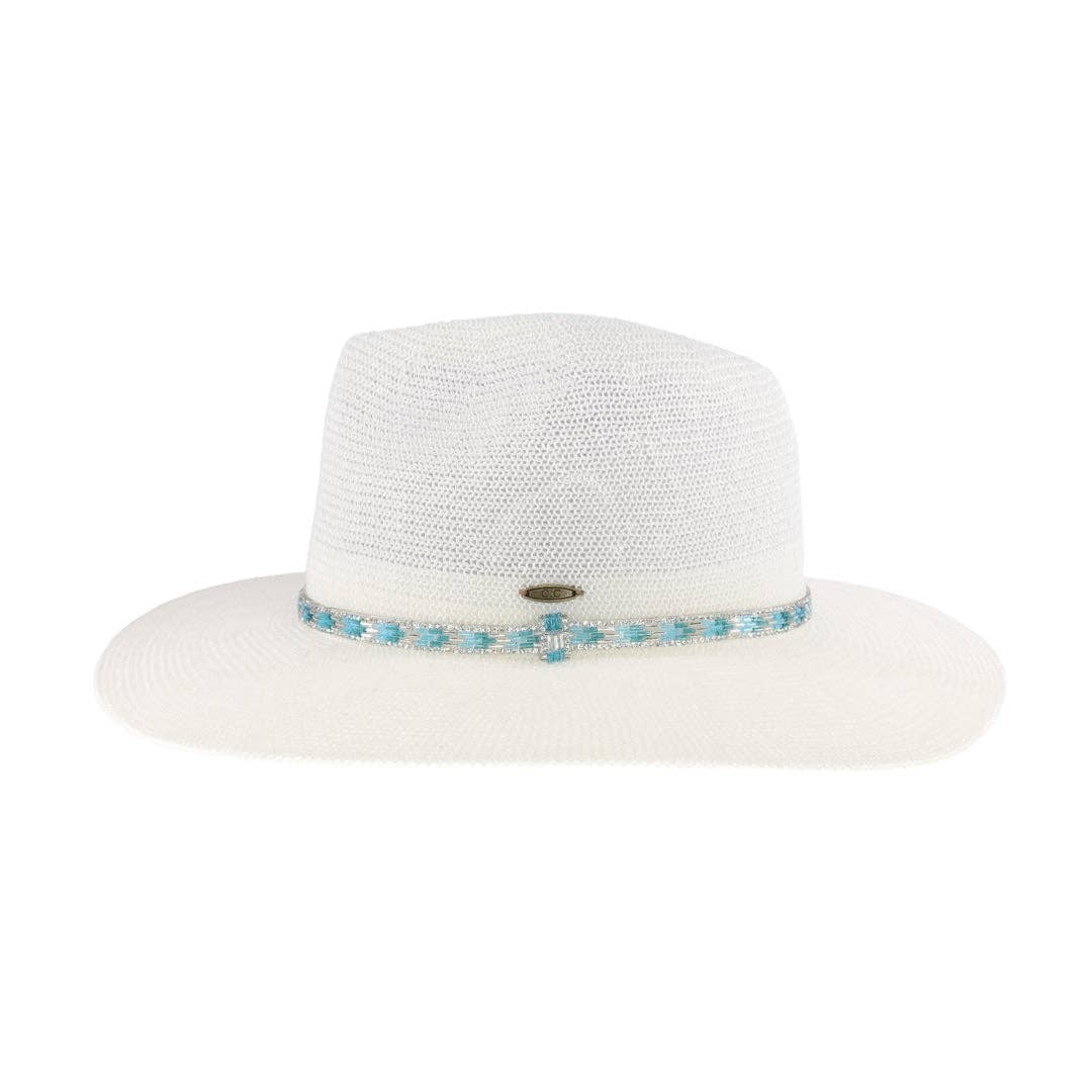 Knit Rhinestone Panama Hat | White/Turquoise