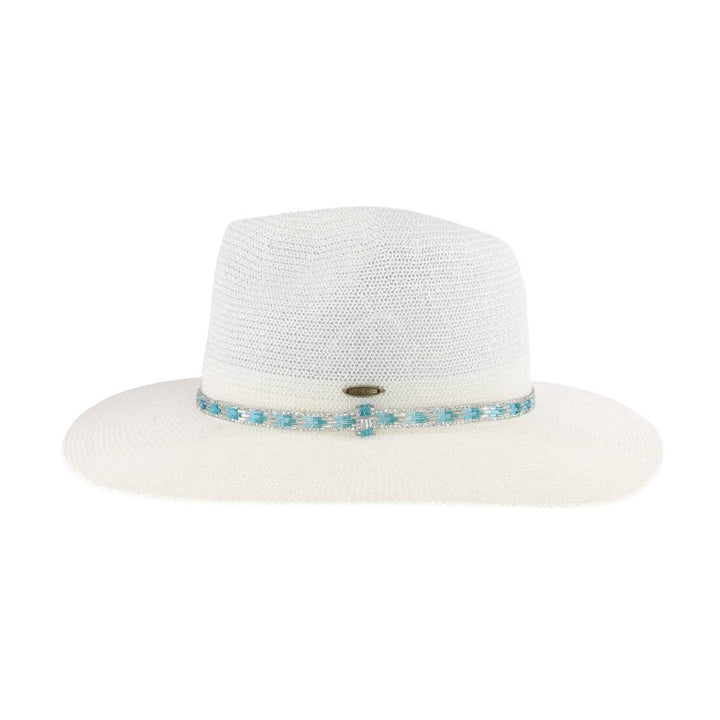 Knit Rhinestone Panama Hat | White/Turquoise