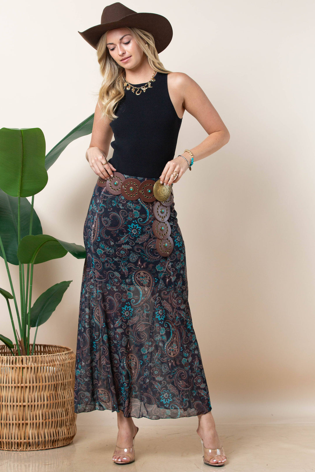 Madison Paisley Print Mesh Skirt