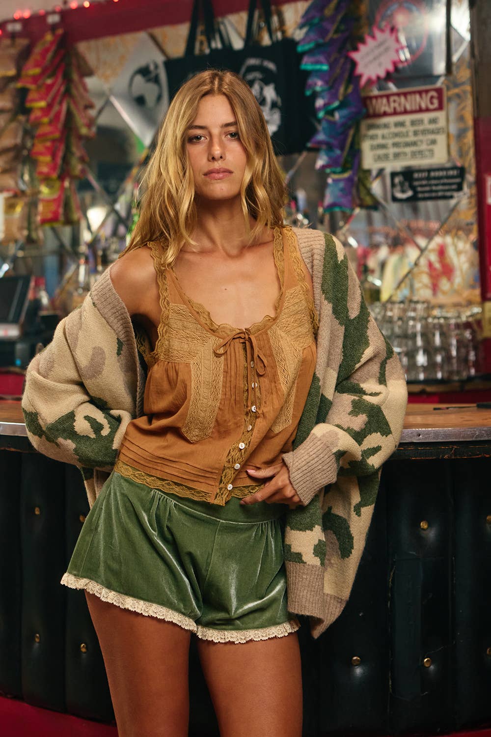 Front Lace Trimmed Top | Camel