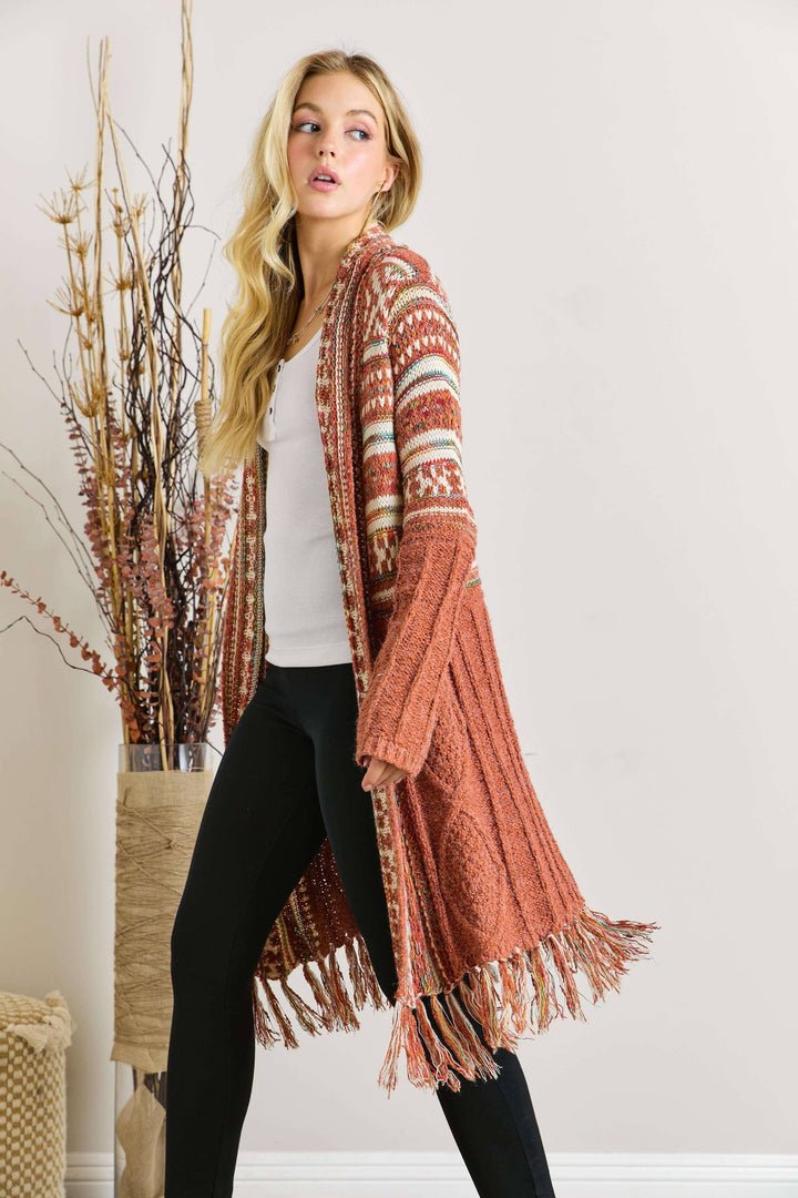 Fringe Hem Aztec Cardigan | Rust