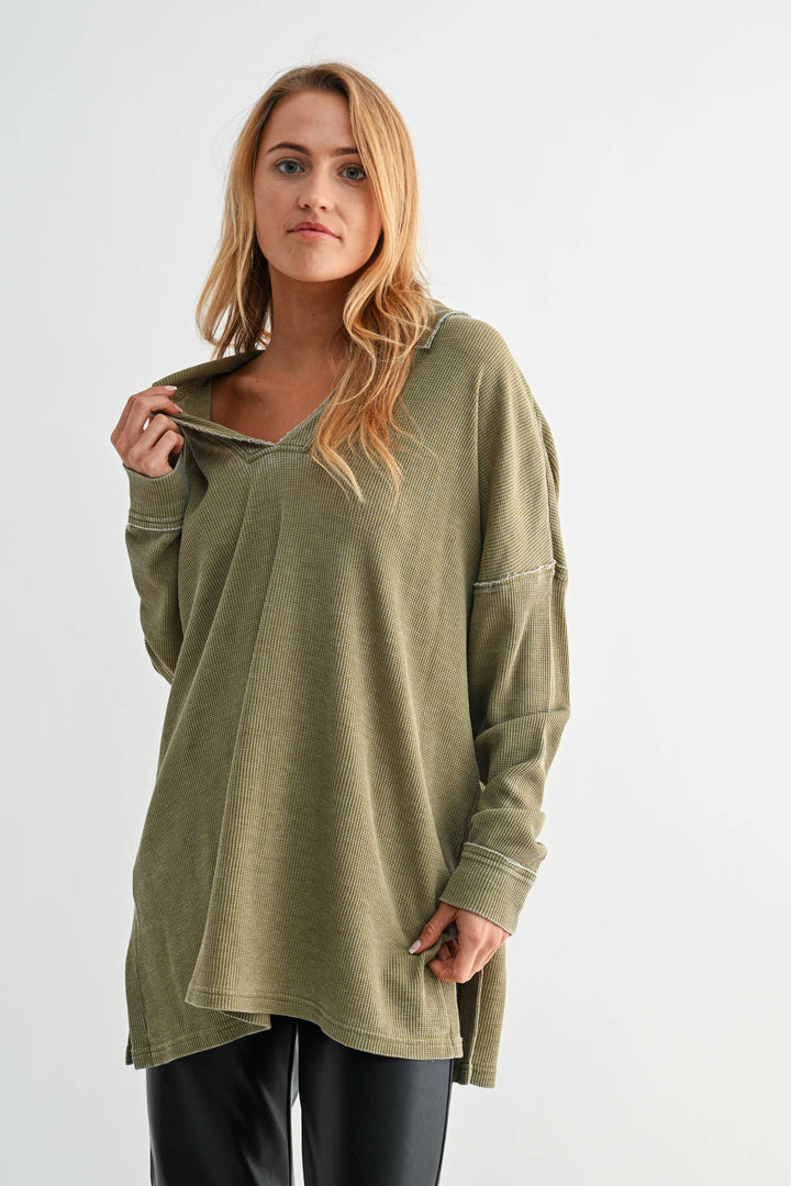 Waffle Knit Oversized Long Sleeve | Camo Green