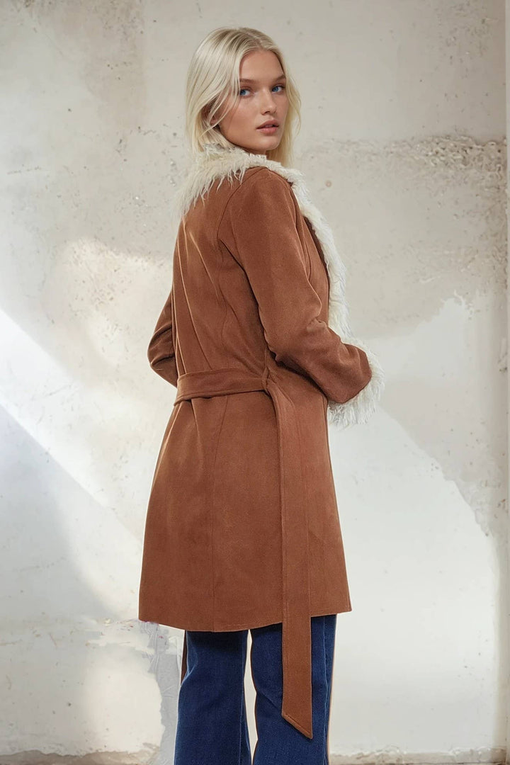 Penny Lane Faux Suede Fur Trim Coat