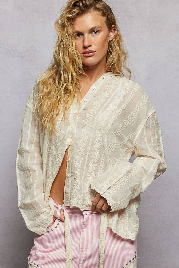 Embroidered Crochet Button-Down Hoodie | One Size