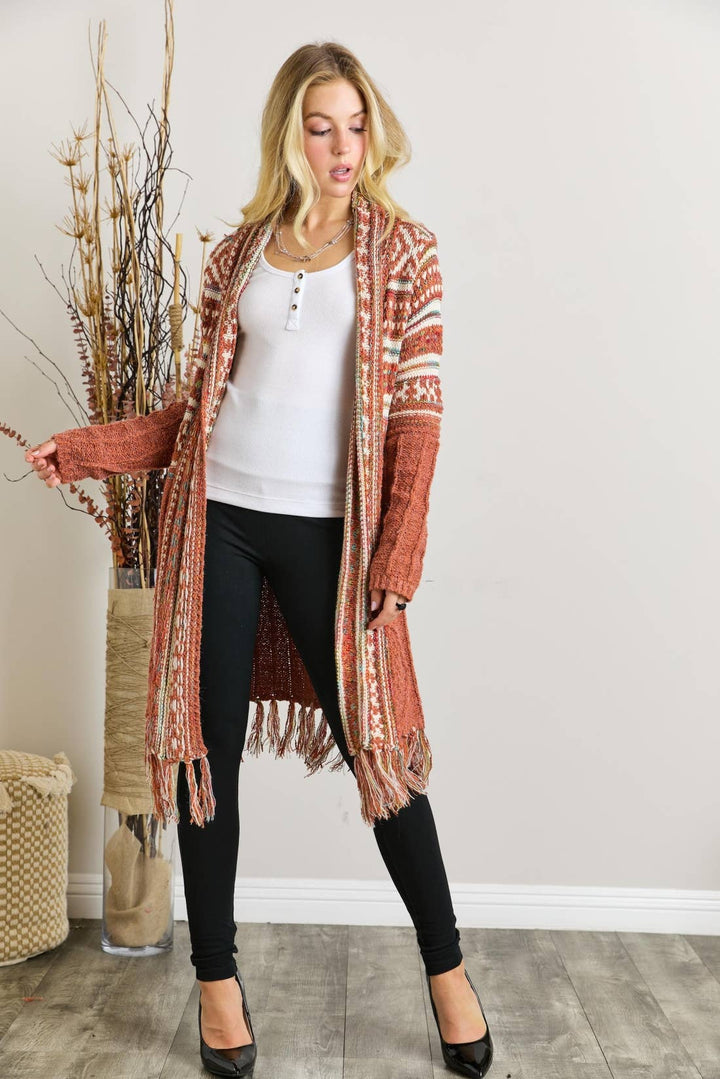 Fringe Hem Aztec Cardigan | Rust
