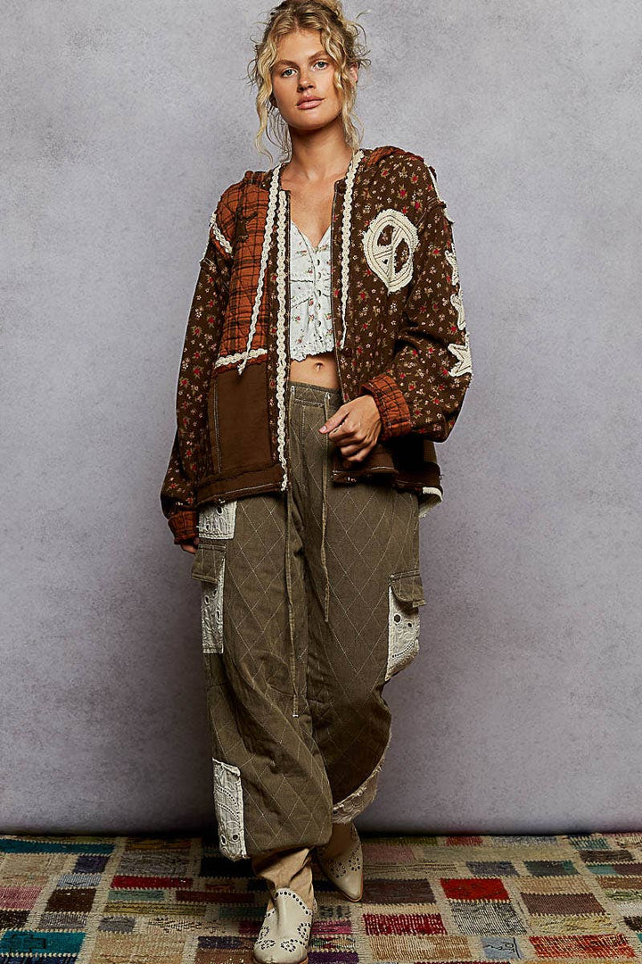 Printed Patch Trim Knit Hoodie | Chocolate