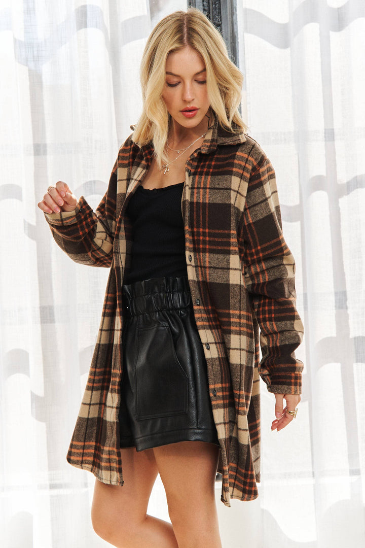 Button Down Flannel Shacket | Apricot & Brown