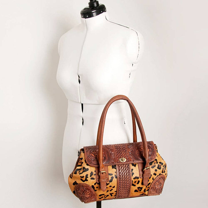 Leopard Hair-On Cowhide & Tooled Leather Buckle Bag