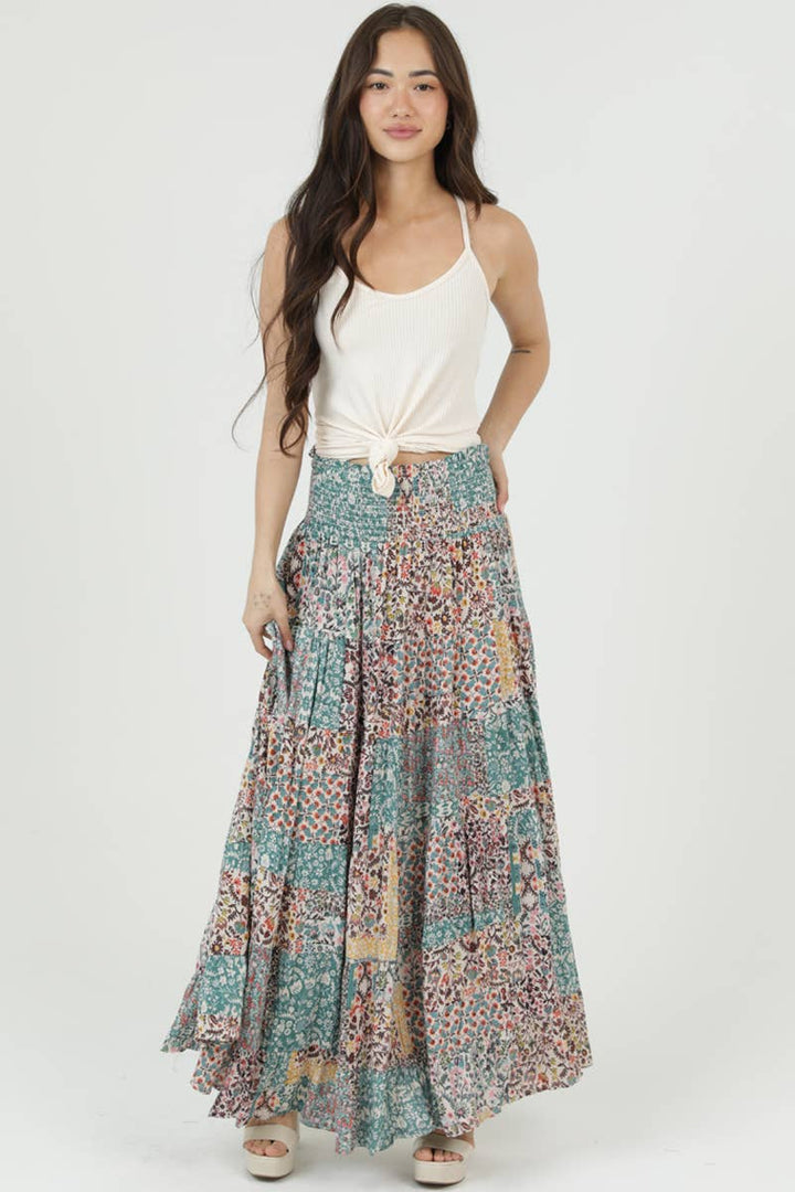 Boho Patchwork Tiered Maxi Skirt