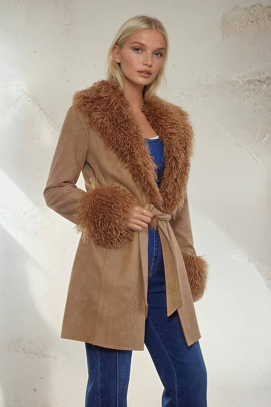 Penny Lane Faux Suede Fur Trim Coat