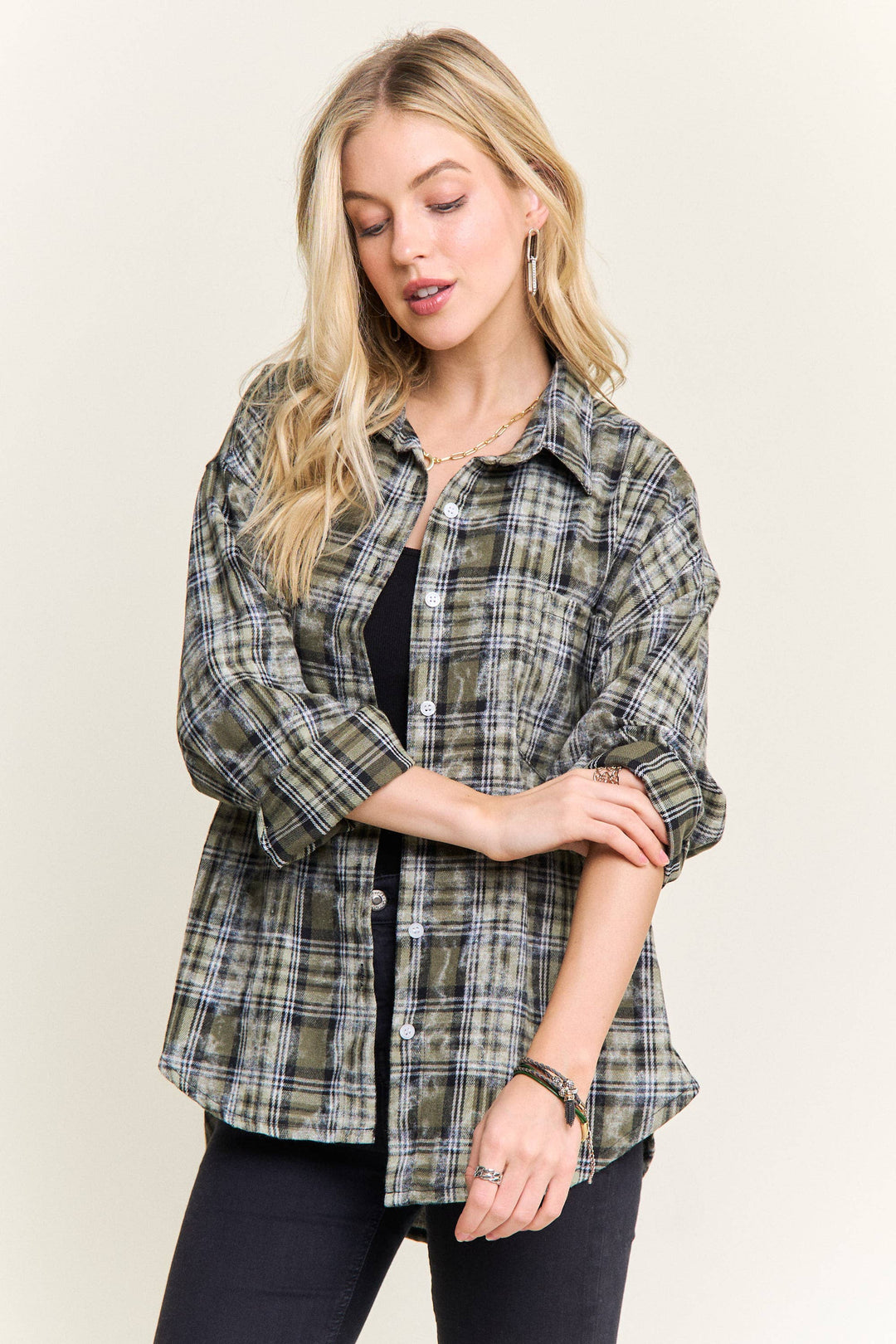Burnout Plaid Washed Shirt |Olive