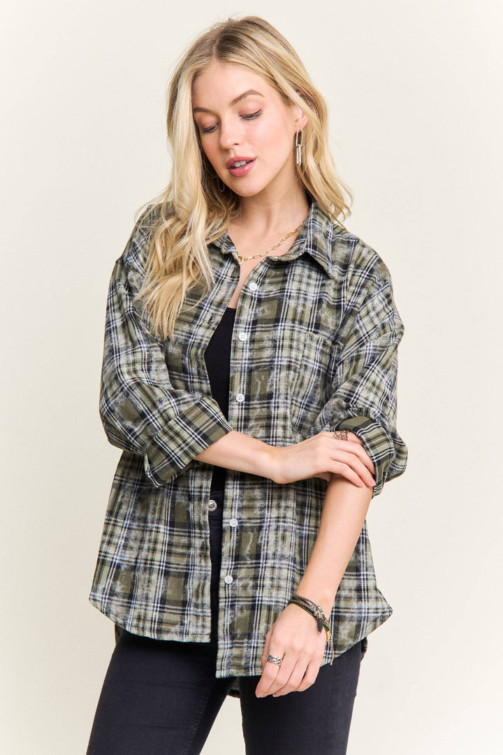 Burnout Plaid Washed Shirt |Olive