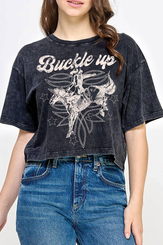 Buckle up & Boot Stitch Long Crop Tee | Black