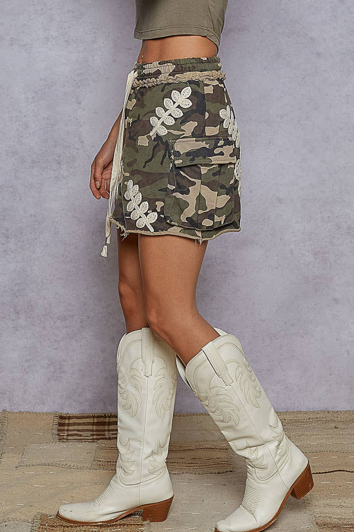 Camo Crochet Cargo Mini Skirt | Olive