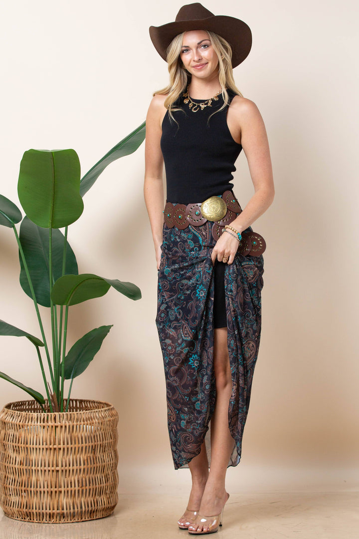 Madison Paisley Print Mesh Skirt