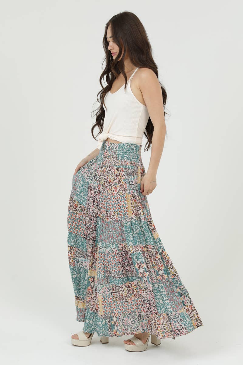 Boho Patchwork Tiered Maxi Skirt