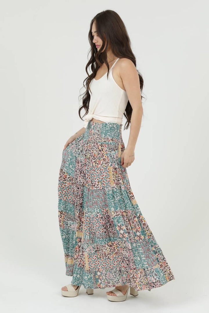 Boho Patchwork Tiered Maxi Skirt