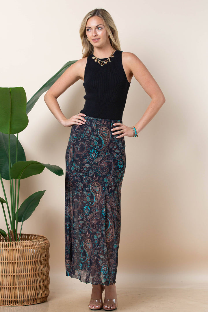 Madison Paisley Print Mesh Skirt