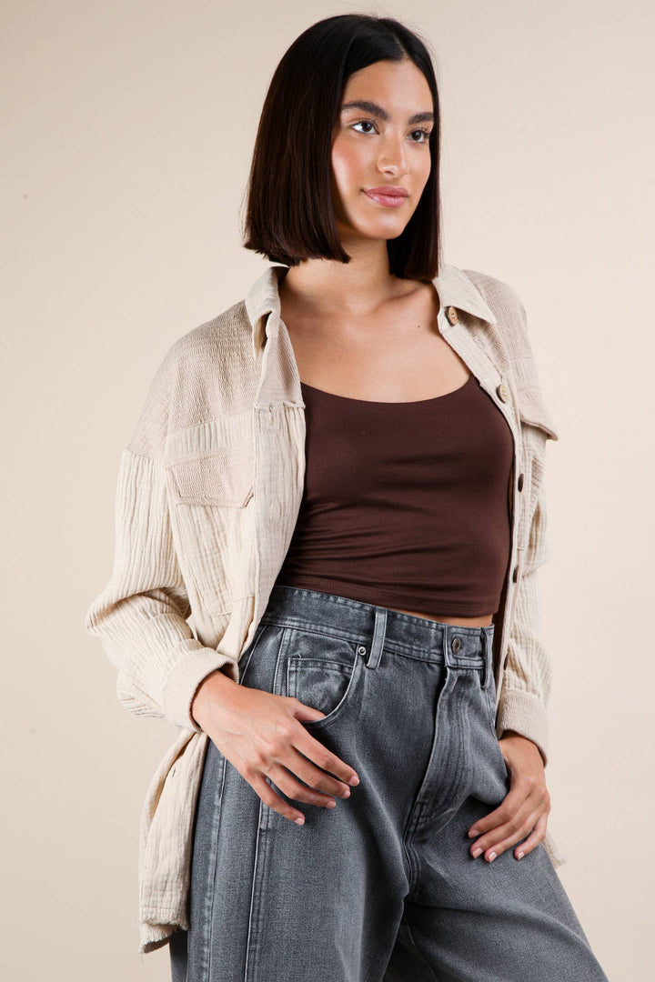Mineral Washed Oversized Gauze Shacket | Taupe