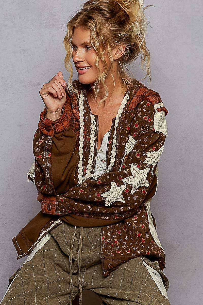 Printed Patch Trim Knit Hoodie