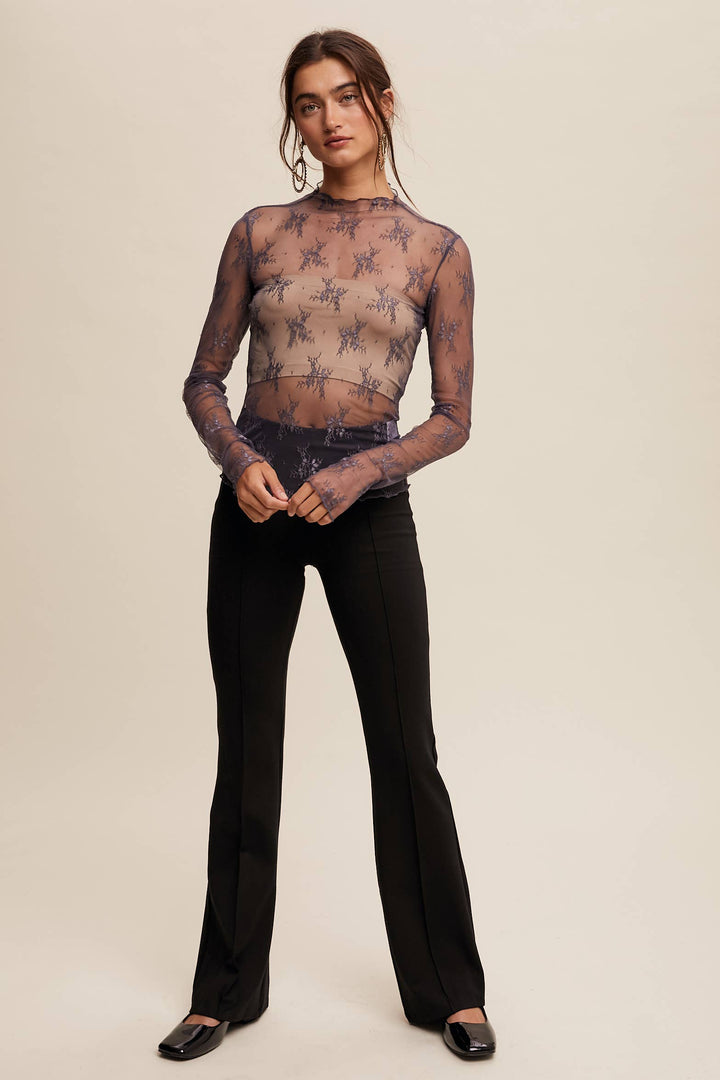 Sheer Lace Long Sleeve Top | Midnight