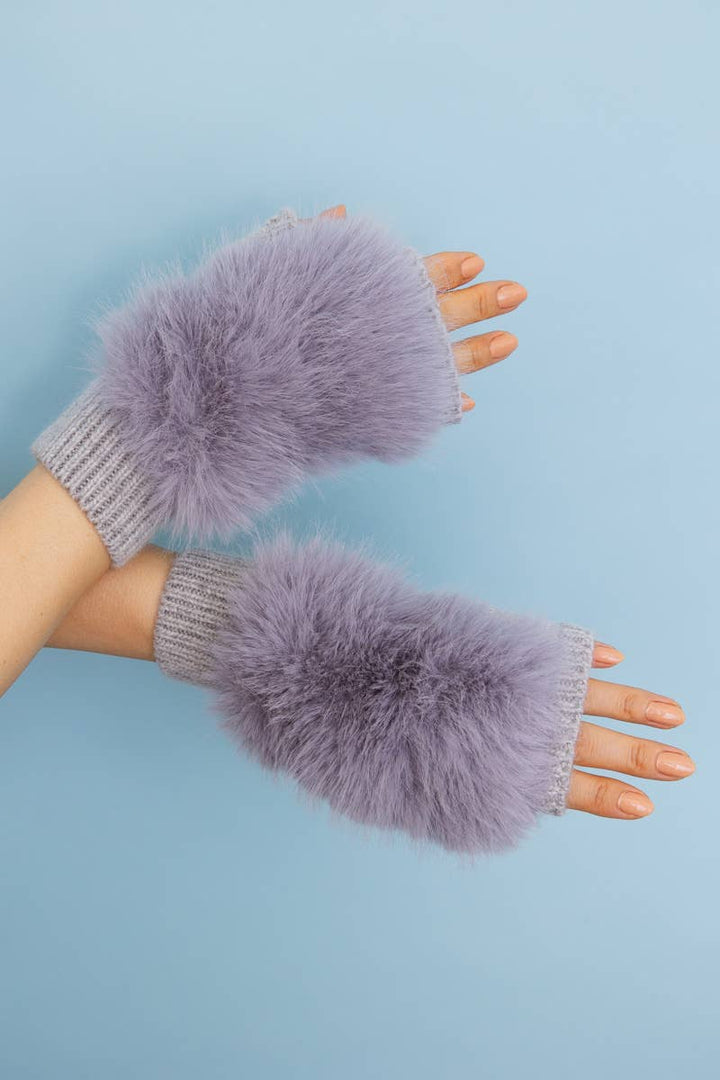 Faux Fur Trim Fingerless Knit Mittens | Gray