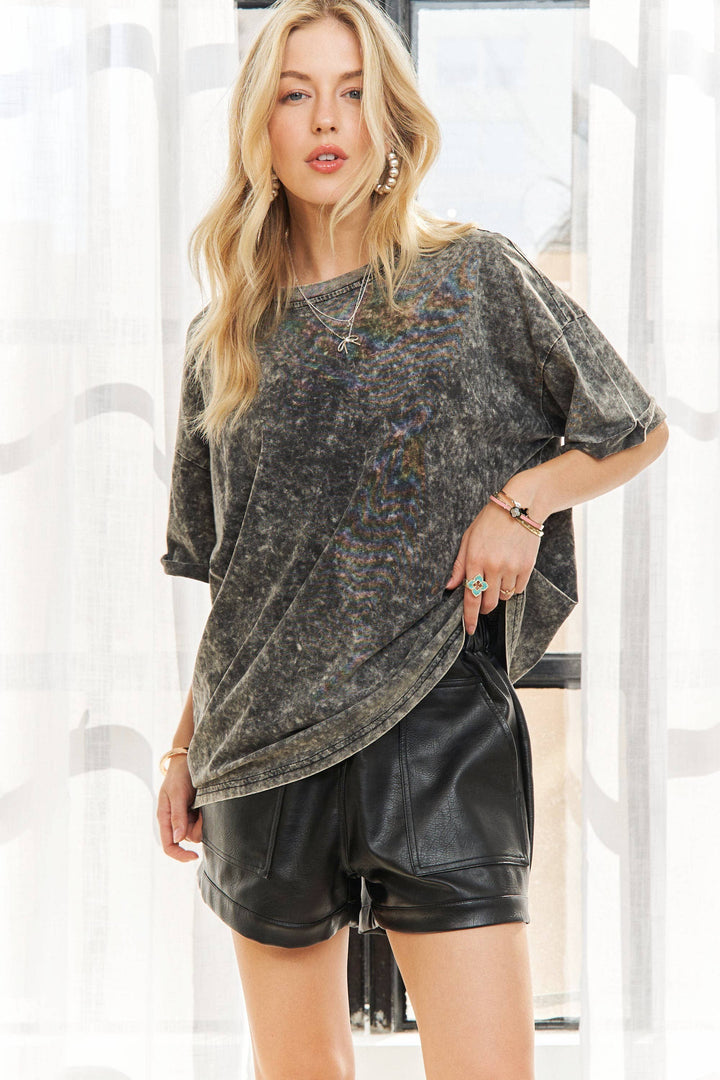 Washed Short Sleeve Tunic Top | Charcoal