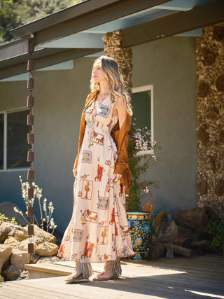 Western Motif Tie-Front Maxi Dress