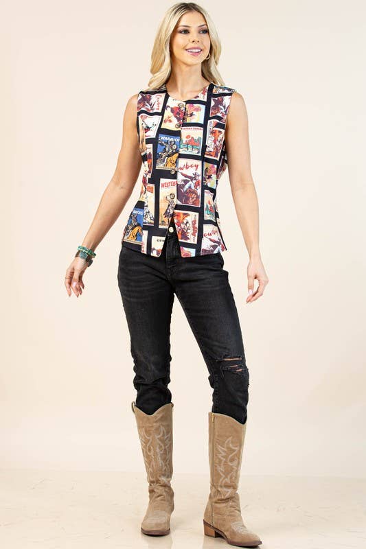 Luna Vintage Western Print Button Down Woven Vest